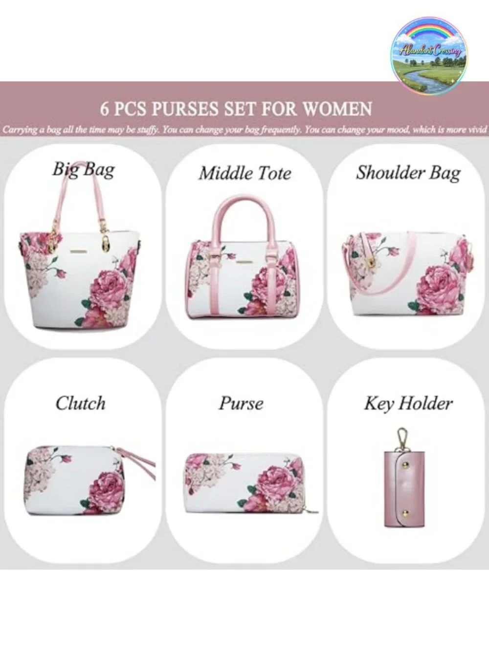 Faux Leather 6-Piece Satchel Shoulder Tote Handbag Set with Top Handle
